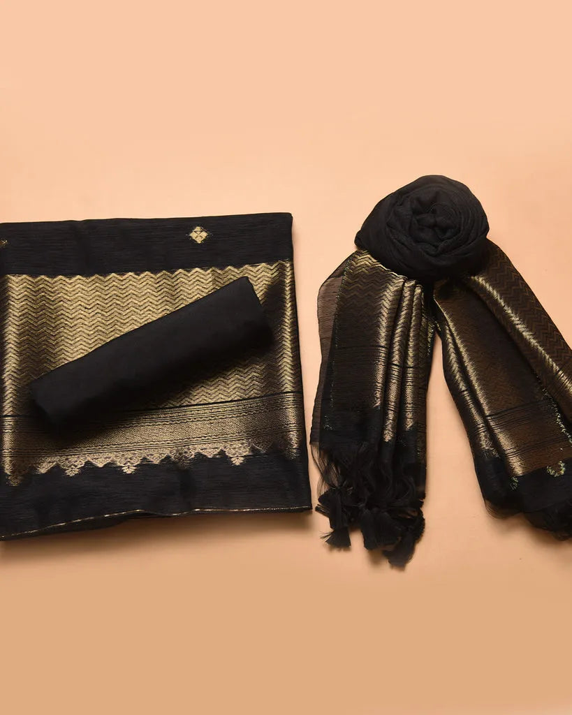 Soft Linen Silk Blend Unstitched Dress Material with Rich Zari Design - Black