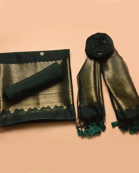Soft Linen Silk Blend Unstitched Dress Material with Rich Zari Design - Green