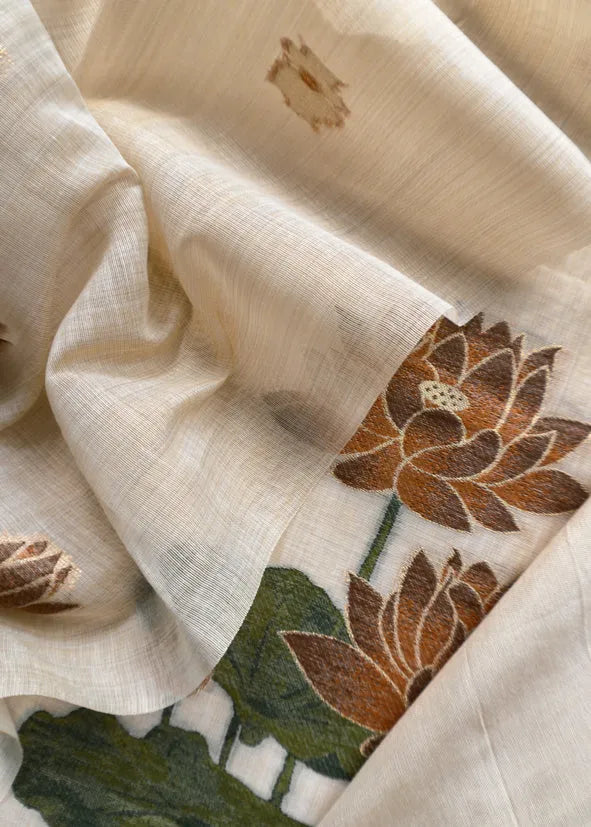 Pure Soft Muga Cotton Lotus Unstitched Dress Material Set - Cream