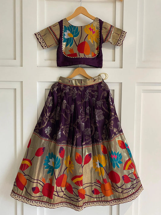 Kids Festive Paithani Lehenga Choli Set - Wine