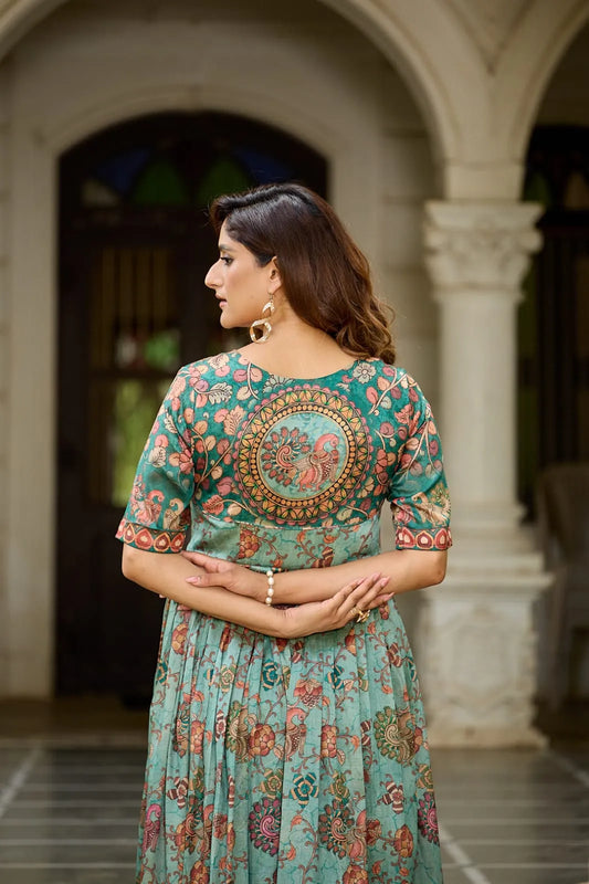Traditional Green Floral Printed Silk Blend Gown