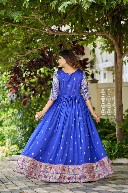 Premium Soft Silk 3.5 Meter Flared Zari Weaving Gown - Blue