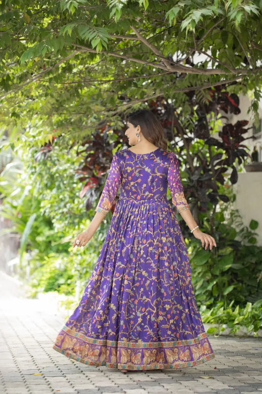 Silk Blend Floral Flared Gown with Heritage Border - Blue