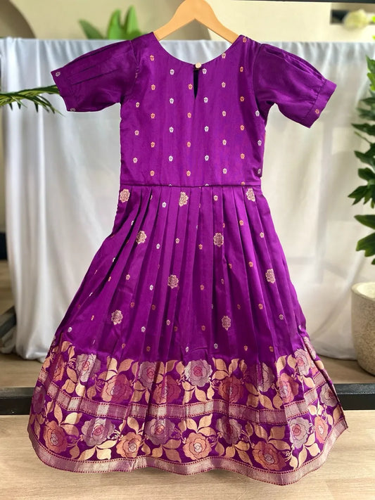 Girls Floral Zari Soft Silk Frock - Purple