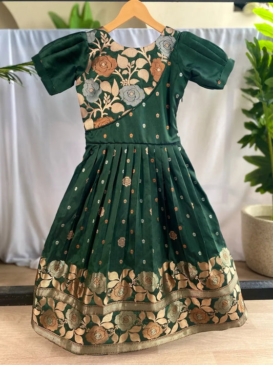 Girls Floral Zari Soft Silk Frock - Green