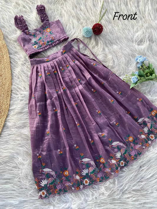 Kids Gold Crush Skirt Set with Bird Motif - Lavender