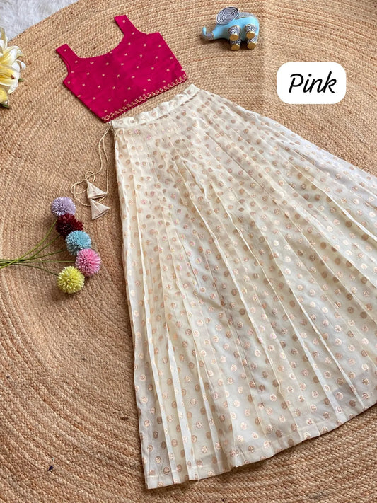 Chic Off - White Skirt & Embroidered Top Set for Girls - Pink