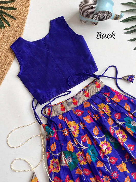 Girls Floral Brocade Lehenga Choli Set – Royal Blue