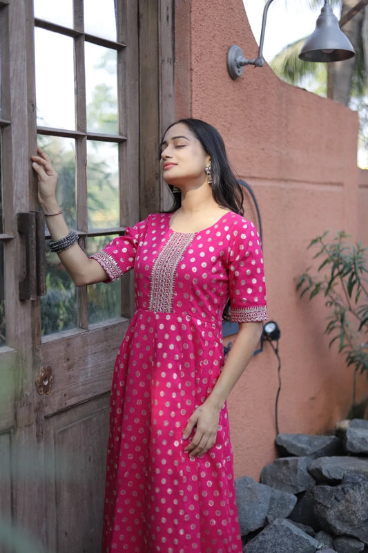 Rani Pink Gold Butti Embroidery Anarkali Gown