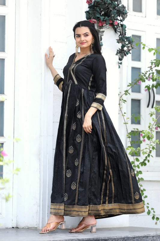 Classic Black Zari Striped Ethnic Anarkali Gown