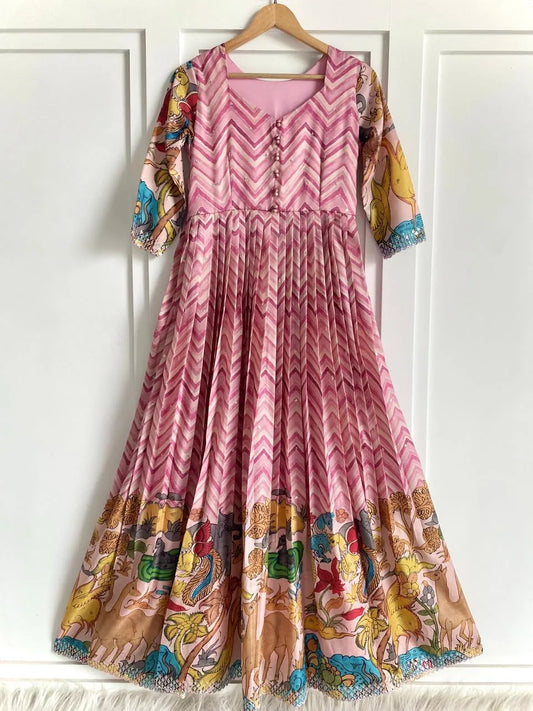 Chevron Print Anarkali Handcrafted Folk Border Gown - Pink