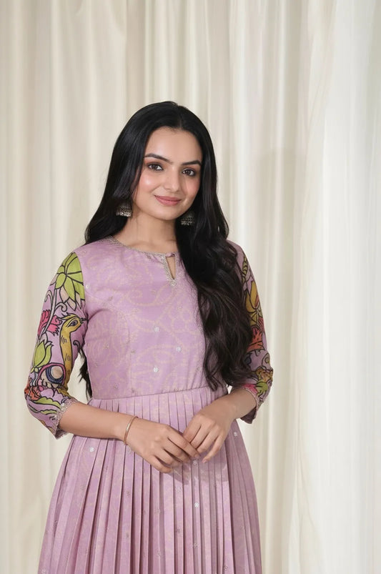 Kalamkari Print Handcrafted Folk Art Border Gown - Lavender