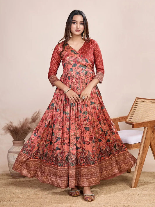 Anarkali Kalamkari Printed Floral Gown for Women - Red