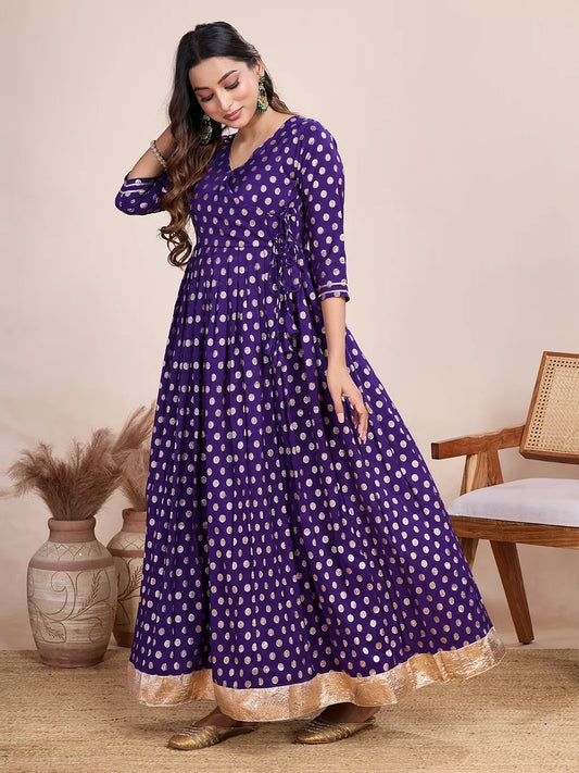 Purple Polka Zari Woven Anarkali Gown