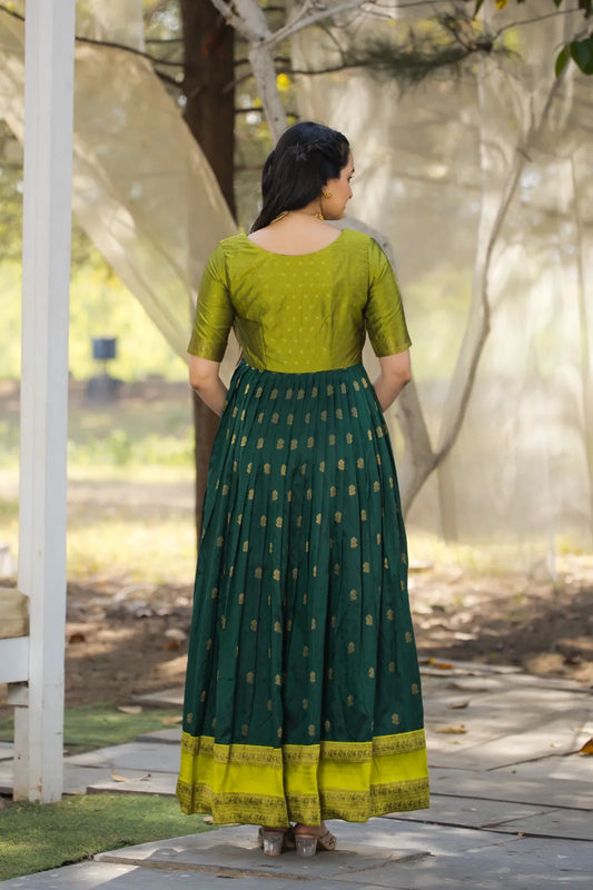 Green Zari Butti Anarkali Gown with Lime Contrast Border