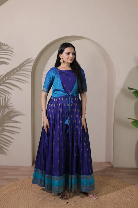 Blue Zari Butti Anarkali Gown with Lime Contrast Border
