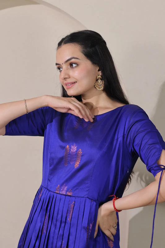 Pleated Flared Silk Tie-Up Sleeves Gown - Blue