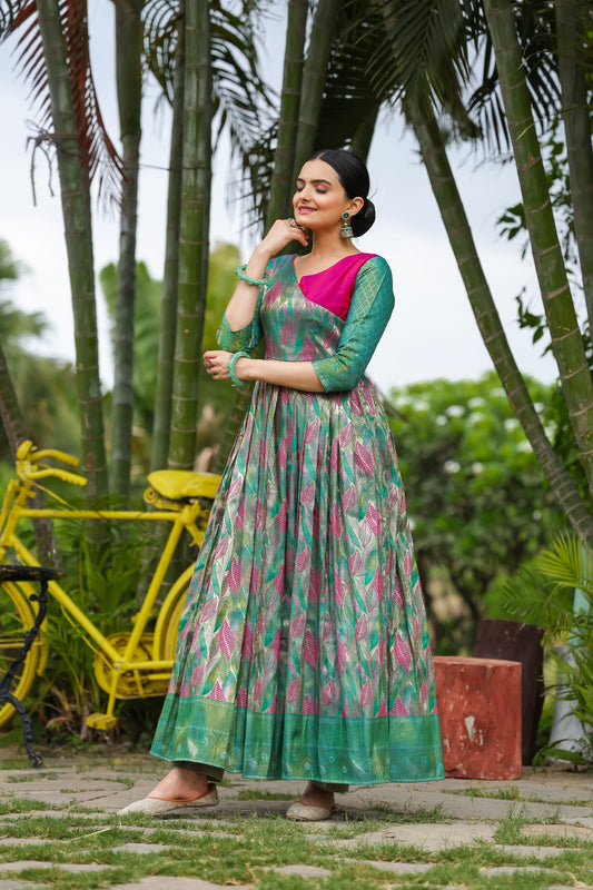 Green Leaf Motif Silk Flared Gown