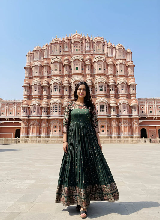 Green Zari Buti Anarkali Gown with Floral Border