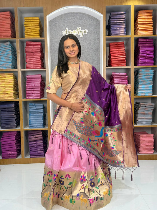 Traditional Peacock Paithani Lehenga Set - Baby-Pink