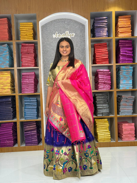 Traditional Peacock Paithani Lehenga Set - Navy-Blue