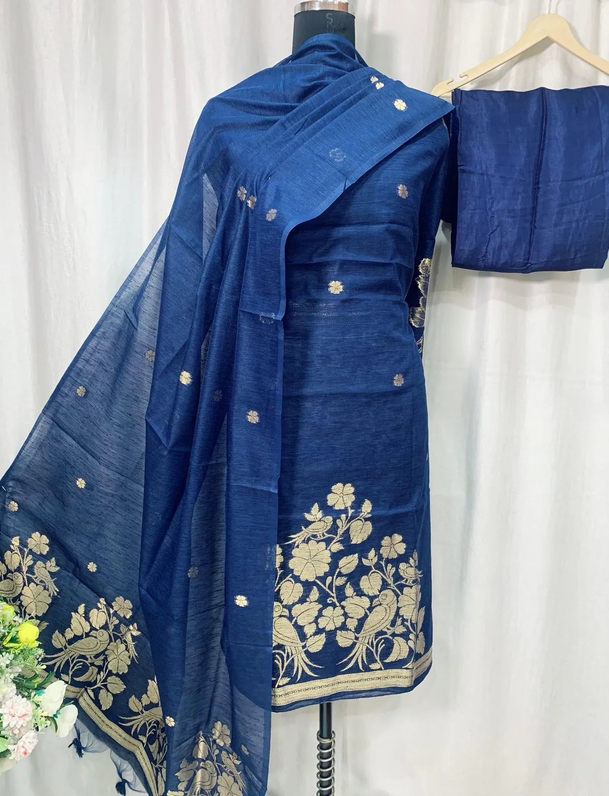 Premium Linen Silk Unstitched Dress Material Set - Navy Blue