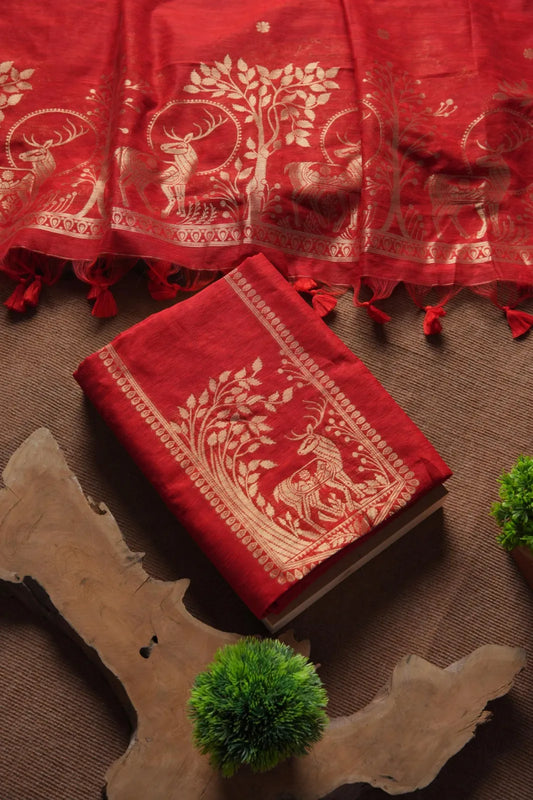 Designer Linen Silk Hiran Weaving Unstitched Dress Material Set - Red