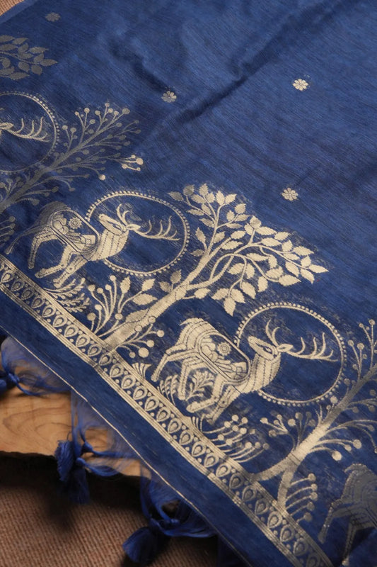 Designer Linen Silk Hiran Weaving Unstitched Dress Material Set - Navy Blue