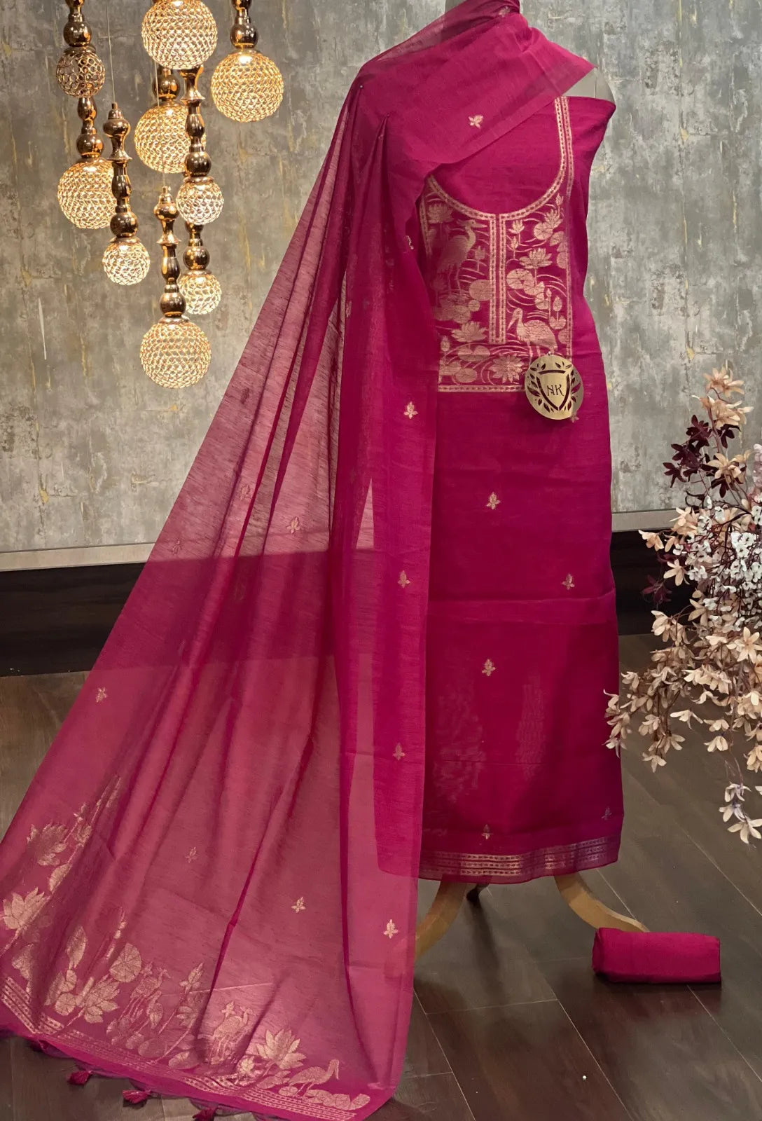 Designer Linen Silk Hiran Weaving Unstitched Dress Material Set - Pink