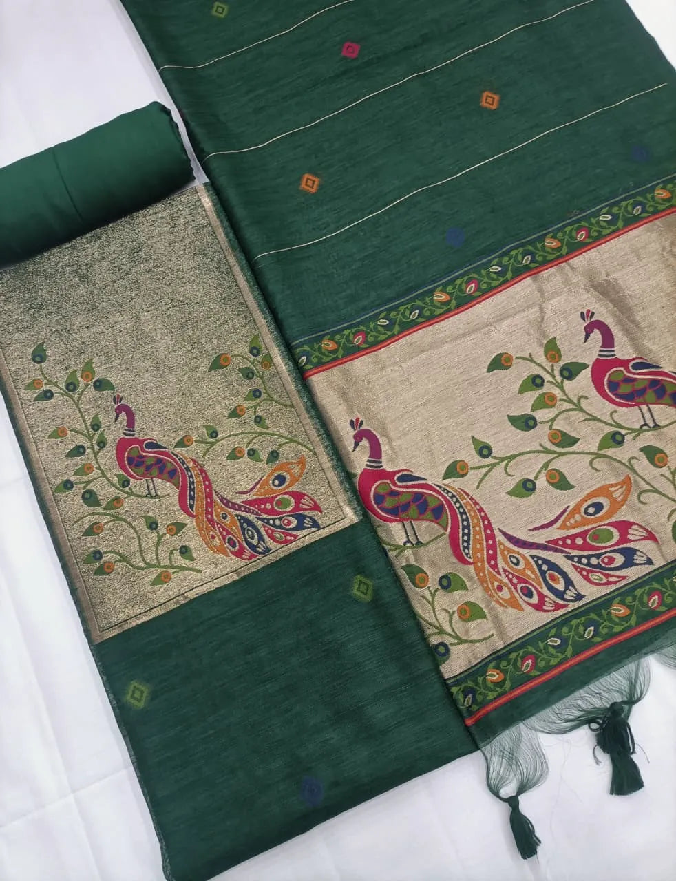 Designer Pichwai Paithani Style Linen Silk Unstitched Salwar Suit - Green