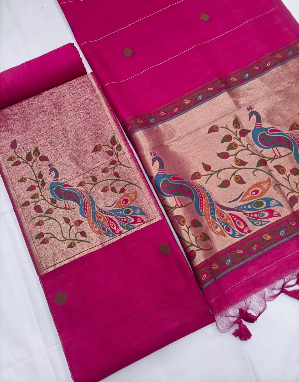 Designer Pichwai Paithani Style Linen Silk Unstitched Salwar Suit - Pink