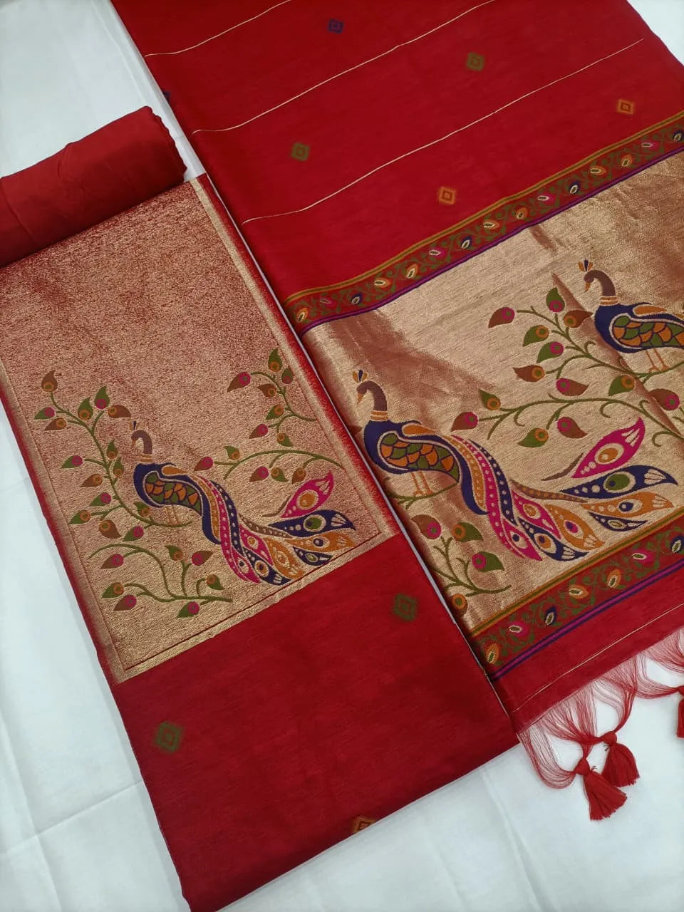 Designer Pichwai Paithani Style Linen Silk Unstitched Salwar Suit - Red