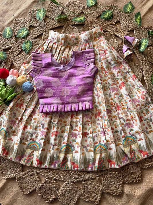 Jungle Theme Position Zari & Thread Work Kids Lehenga - Lilac & Cream