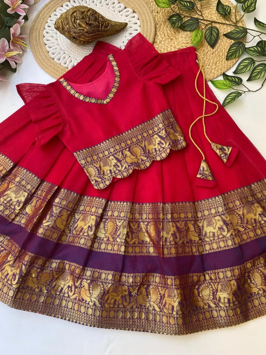 Kids Narayanpet Silk Lehenga - Cherry Red
