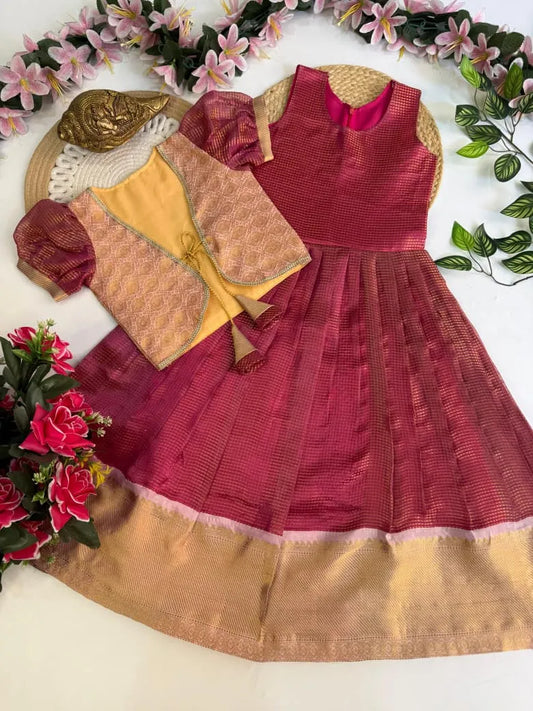 Kids Kanjivaram Tissue Silk Gown - Pink