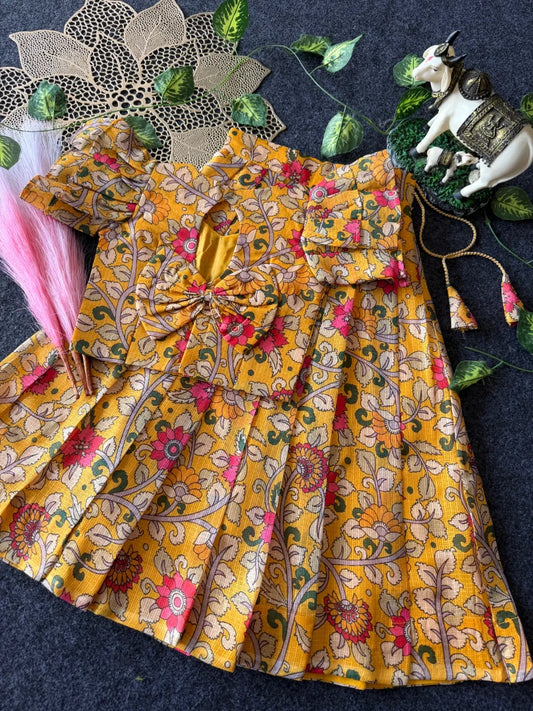Kota Chex Kalamakari Kids Lehenga - Mustard