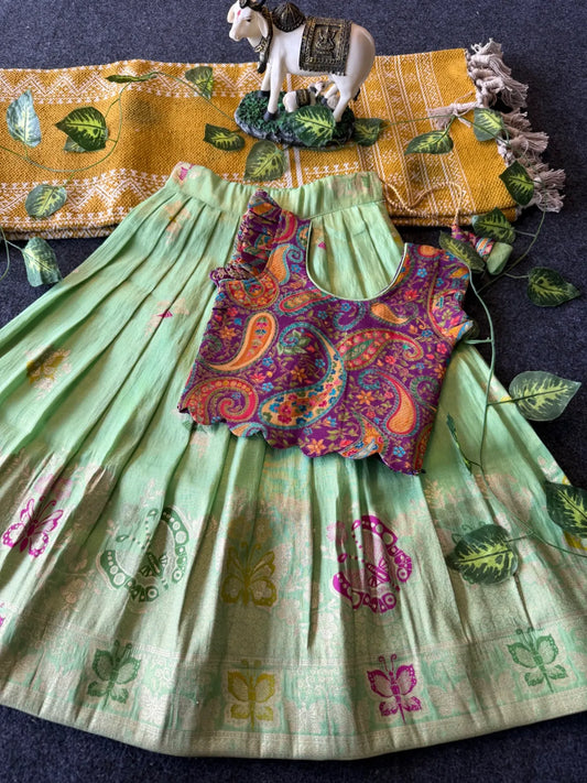 Designer Wedding Soft Tissue Lehenga & Scallop Gaji Silk Blouse - Pista
