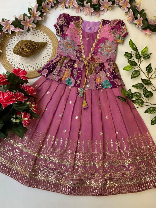 Kids Embroidery Work Gown with Coat - Pink