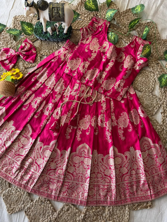 Banarasi Satin Kids Lehenga - Pink