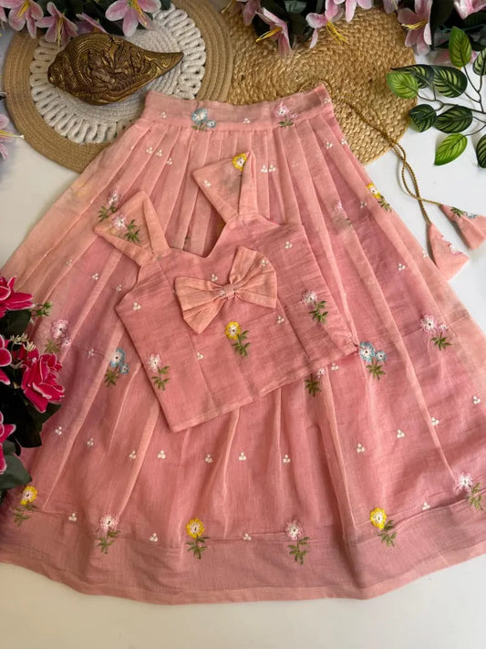 Mul Chanderi Floral Kids Lehenga Set - Peach