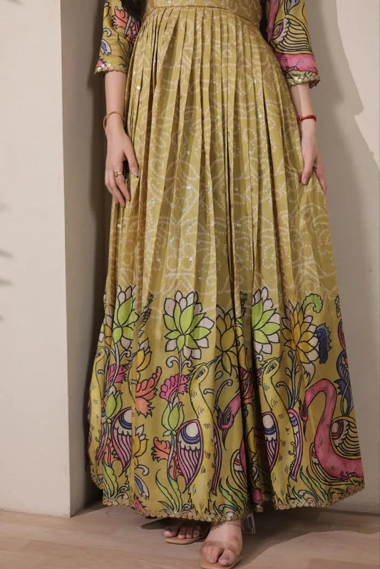 Kalamkari Print Handcrafted Folk Art Border Gown - Mehendi