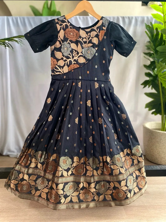Girls Floral Zari Soft Silk Frock - Black