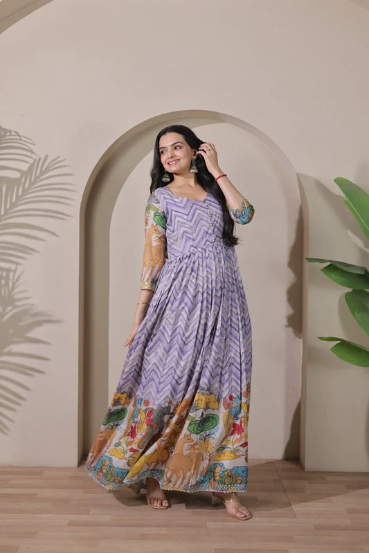 Kalamkari Print Strip Handcrafted Folk Art Border Gown - Lavender