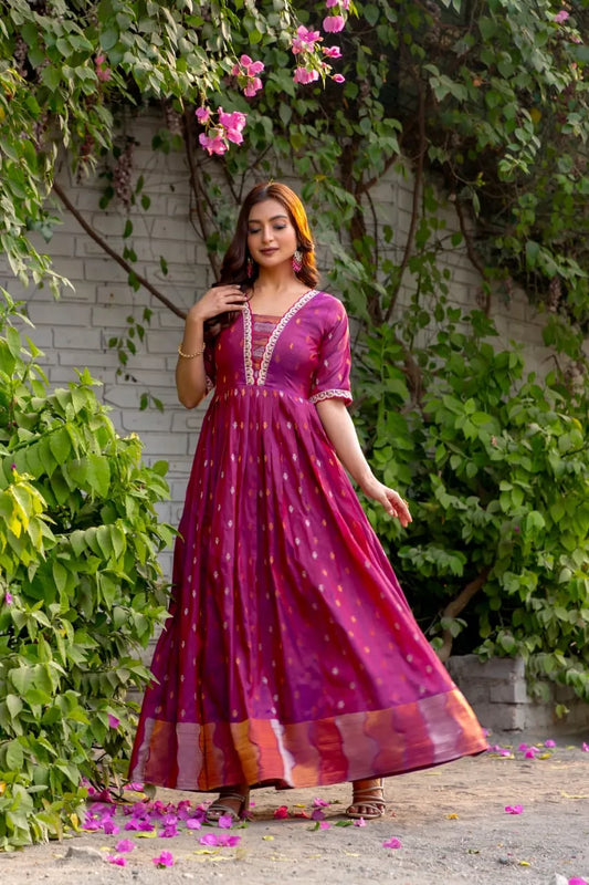 Pink Flared Embroidered Lace Gown