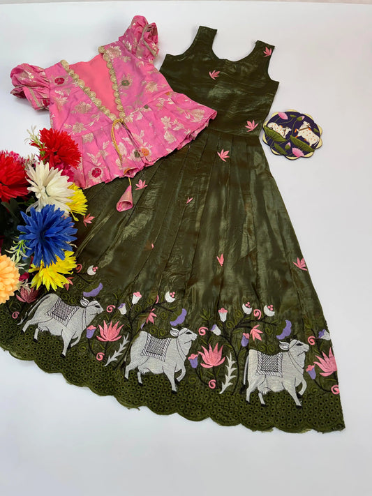 Pichwai Trending Gown With Coat For Kids- Pink-Green