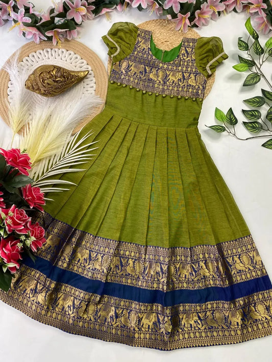 Kids Narayanpet Gown - Parrot