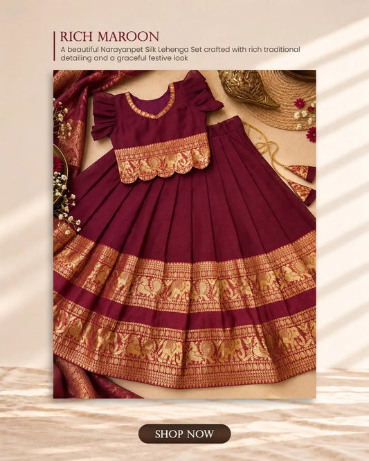 Kids Narayanpet Silk Lehenga - Wine