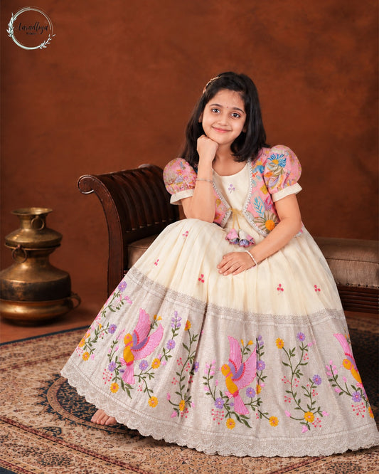 Position Printed & Embroidered Gown for Kids - Cream