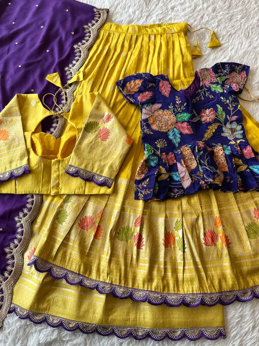 Soft Tissue Silk Embroidered Kids Lehenga Choli - Blue & Yellow