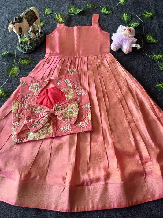 Kids Tissue Gown with Handwork Coat - Baby Pink